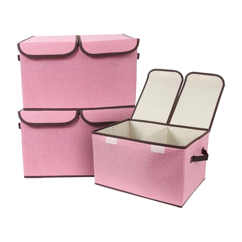 Foldable Fabric Storage Box, 16.5 x 11.8 x 9.8 inches (L x W x H), with Double-Lid & Dividers, Large Organizer for Home, Closet, Office(Pink, 3 Packs) - color: Pink, size: 3 Packs