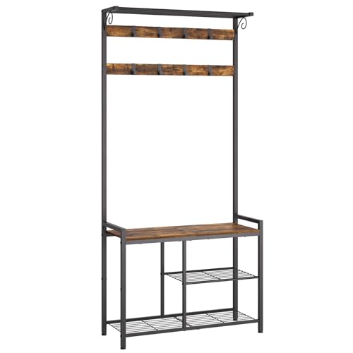 YATINEY Coat Rack Shoe Bench, 4-in-1 Hall Tree with Storage Shelves and Hanging Rod, Entryway Storage Organizer with 8 Movable Hooks, for Entryway, Hallway, Corridor, Rustic Brown and Black MT12BR
