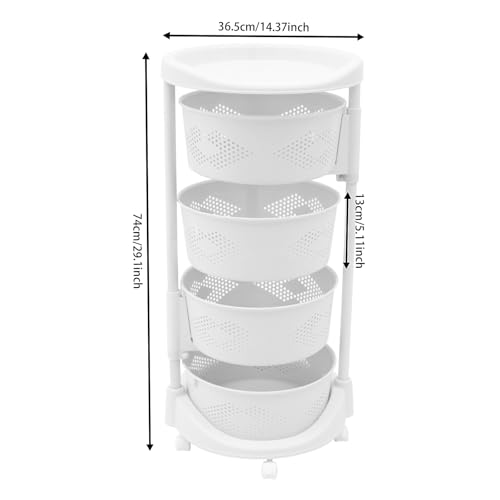 Fruit Basket for Kitchen, 4 Tier Circular Rotating Basket Large Storage Rack with Wheels, Standing Shelf Storage, Multi-Layer Storage Shelves with Top Lid for Living Room, Office, White (4-Tier) - size: 4-Tier