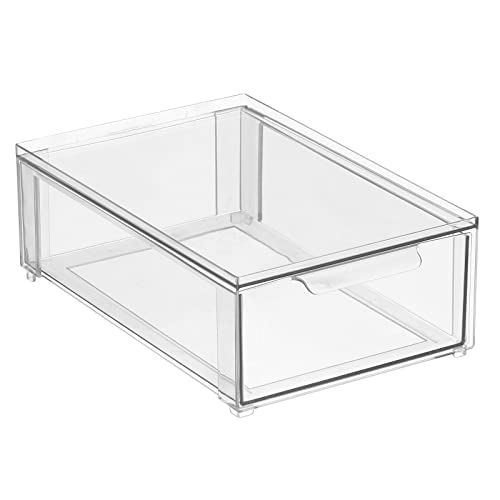 mDesign Plastic Stackable Bathroom Storage Organizer Bin Containers with Front Pull Drawer for Bathroom Countertop, Vanity, Closet Shelves - Holder for Beauty Accessories - Lumiere Collection - Clear - size: 8 x 12 x 4 (Pack of 1)