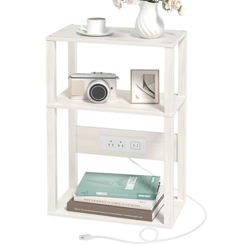 YUFAM 3-Tier Small Narrow Wood Side Table with Charging Station, Skinny Nightstand for Small Space, Slim Bedside Table with Storage for Couch, Thin End Table with USB Ports and Outlets, Grey White - color: Grey White, size: 1 Pack