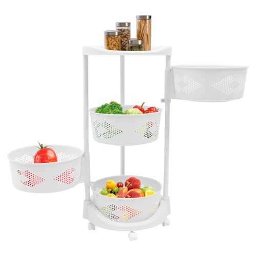 Fruit Basket for Kitchen, 4 Tier Circular Rotating Basket Large Storage Rack with Wheels, Standing Shelf Storage, Multi-Layer Storage Shelves with Top Lid for Living Room, Office, White (4-Tier) - size: 4-Tier
