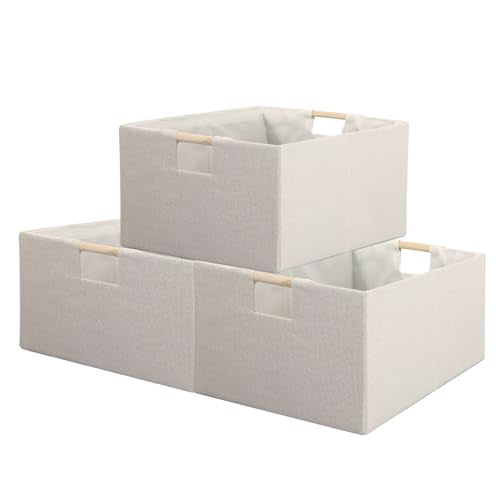 Fabric Storage Bin 3 Pack Foldable Cotton Linen Storage Basket with Wooden Handles Rectangular Cube Box - Beige, Small - color: Beige, size: Small