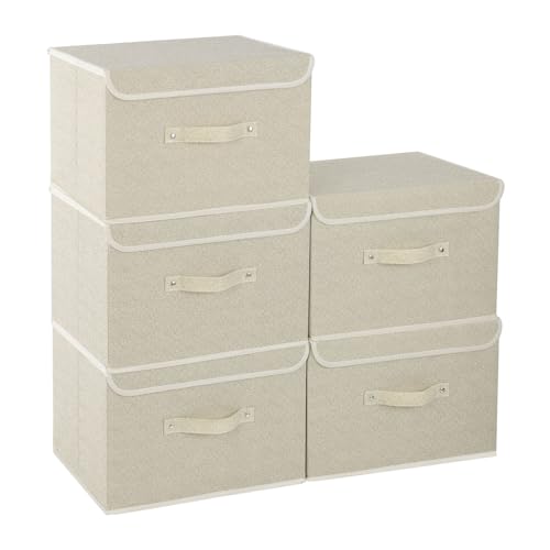 Fabric Storage Bins Cube Organizers with Flip-Top Lid and Handles,Storage Boxes for Organizing Home,Office,and Closet,Grey and Beige,5 Pack 13 X 9.1 X 7.9 in - color: Beige/Gray, size: 13x9.1x7.9in(5-pack)