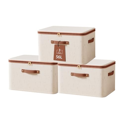 Tuza 3 Pcs Rigid Storage Bins with Zipper Lid, Cotton Linen Fabric Storage Boxes, Foldable Shelves Clothes Storage Cubes with Handles for Wardrobe, Closet(Beige, 56L) - size: XXL-56L