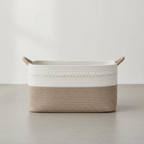 Large laundry basket woven from natural cotton rope with handles storage blankets for living rome big decorative quilted baskets for clothes toys pillows hamper 22"x14.6"x12" white/brown - color: white/Brown, size: 62L 22"x14.6"x12"
