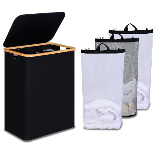 efluky Laundry Hamper with Lid, Trio Laundry Hamper with 3 Removable Bags, 3 Section Laundry Basket with Bamboo Handles for Bathroom, Bedroom & Laundry Room, 160L Black - color: Black, size: 160L Trio