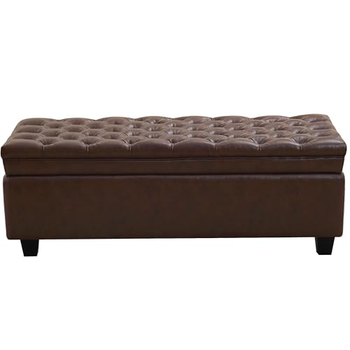 WUTUTUEE 50" Faux Leather Storage Ottoman Bench, End of Bed Upholstered Rectangle Storage Ottoman Tufted Living Room Bedroom Bench with Safety Hinge, Solid Wood Legs, Loads 500 lb(Dark Rrown) - color: Dark Brown