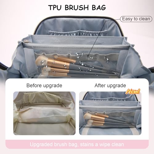 Travel Makeup Bags Organizer for Women: 3 Pcs Set Cosmetic Bag - Large Make up Bag with Compartments - Flat Open Waterproof Leather Toiletry Bags for Skincare, Brushes & Travel Essentials - Pink - color: 03-Pink