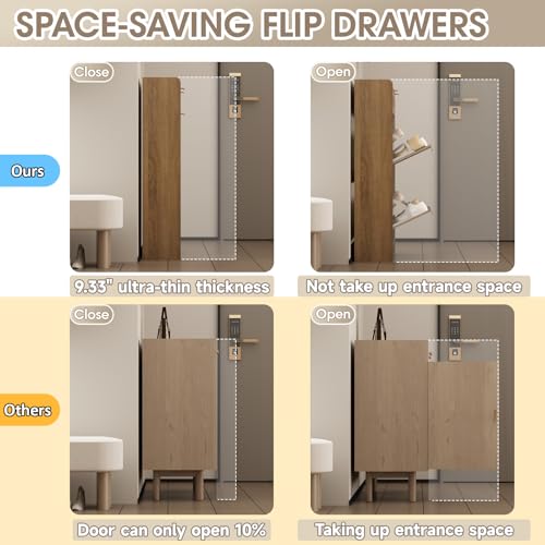 Rattan Shoe Storage Cabinet with 4 Flip Drawers & 2 Drawers, Freestanding Organizer for Front Door Entrance, Hidden Narrow Shoe Rack Cabinet Storage for Entryway, Rustic Oak Rattan - style: 4-Drawers