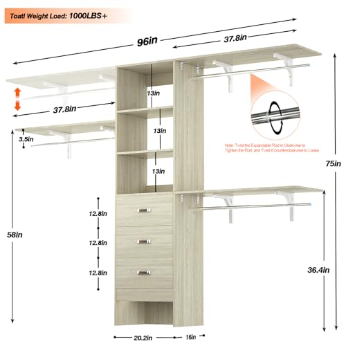 Armocity 96 Inches Closet System, 8FT Walk In Closet Organizer with 3 Shelving Towers, Heavy Duty Clothes Rack with 3 Drawers, Built-In Garment Rack, 96"L x 16"W x 75"H, Load 1000 LBS, White Oak - color: White Oak