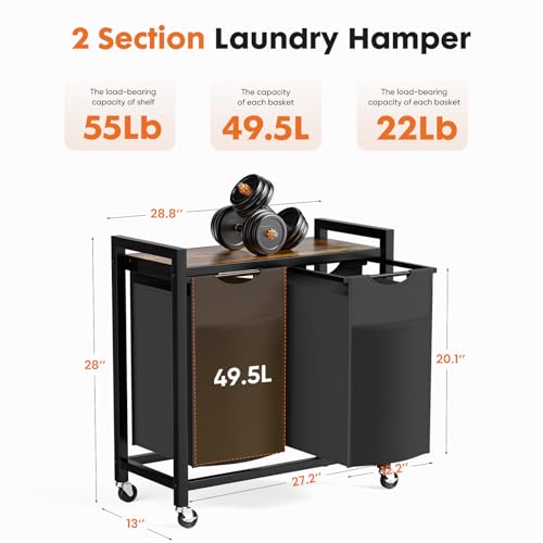 DUMOS Laundry Sorter 2 Section, 2 × 13.1Gal (99L) Rolling Laundry Basket with Pull-Out Removable Bags & Movable Wheels,Clothes Separator Hamper Cart for Laundry Room, Bathroom and Bedroom Organizer - size: 2 × 13.1 Gal (99L)