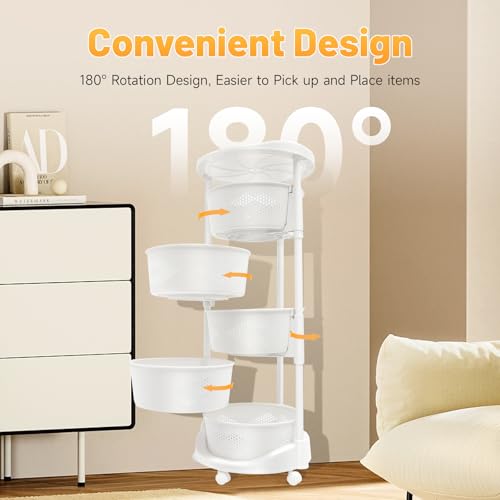 Multi-Layer Kitchen Storage Basket 5Tier Rotating Vegetable Organizer Cart with Casters Detachable Rolling Living Room Standing Rack with Shelve for Bathroom,110 lbs Bearing,14.3*36.2in (5Tier-White) - size: 5Tier-White