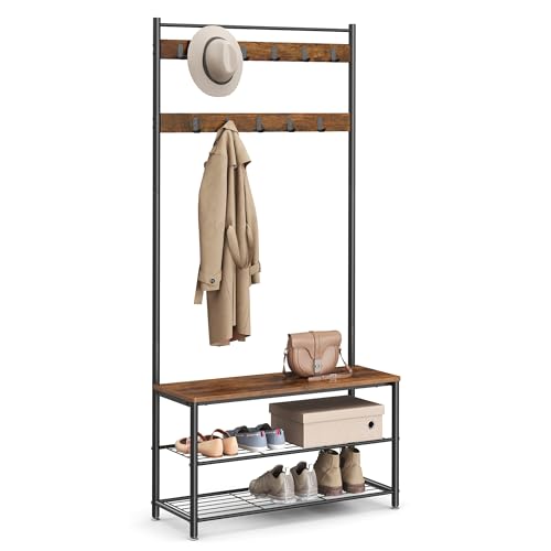 VASAGLE Coat Rack, Hall Tree with Shoe Storage Bench, Entryway Bench with Shoe Storage, 3-in-1, Steel Frame, for Entryway, 12.6 x 33.5 x 68.9 Inches, Industrial, Rustic Brown and Black UHSR401B01 - color: Rustic Brown + Black, size: 33.5"W
