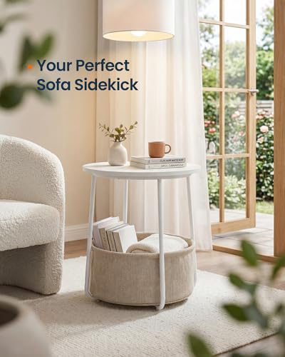 SONGMICS HOME Small Side Tables, Round End Tables, 2 Tier Nightstands with Basket, U Shaped Steel Legs, Easy Assembly, for Living Room, Bedroom, Set of 2, White and Brown - color: White + Brown, size: 2 pack