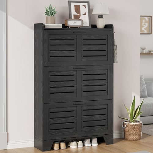 IDEALHOSUE Shoe Cabinet Storage for Entryway, Slim Shoe Storage Cabinet with 3 Flip Drawers, Freestanding Hidden Narrow Shoe Organizer Cabinet with Hooks for Entrance, Foyer, Hallay, Black - color: Black, size: 3-Drawers