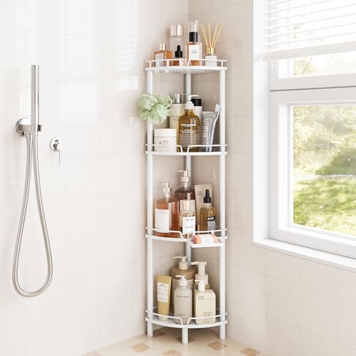 ELYKEN Corner Shower Caddy Standing, 4 Tier Rustproof Metal Shower Organizer with Soap Holder, Floor Shower Corner Shelf Rack Storage Stands with Adjustable Feet & 2 Hooks for Bathroom, White - color: White, size: 4 Tier