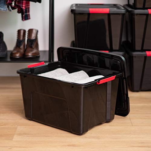 IRIS USA 40 Qt Stackable Plastic Storage Bins with Lids, 4 Pack - BPA-Free, Made in USA - Garage Organizing Solution, Latches, Durable Nestable Containers, Secure Pull Handle - Black - size: 40 Qt, style: 4 Pack