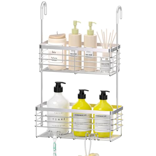 DELLAN Hanging Shower Organizer, 2-Tier Shower Rack with Hooks Over the Door, Bathroom Shower Caddy and Basket - color: Silver, size: 2-Tier 11"D x 4.7"W x 4.1"H
