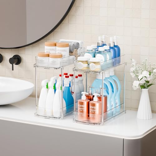 Yieach 2 Pack 13.8″ Deep 2 Tier Under Sink Storage Organizer,Large Pull Out Bathroom Organizers and Storage,Slide Out Acrylic Undersink Storage Shelf,Kitchen Under Sink Organizer for Cleaning Products - style: 2 Pack-2 Tier