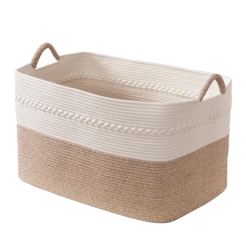 Extra large laundry basket woven from natural cotton rope with handles storage blankets for living rome big decorative quilted baskets for clothes toys pillows hamper 24"x16"x14" white/brown - color: white/Brown, size: 87L 24"x16"x14"