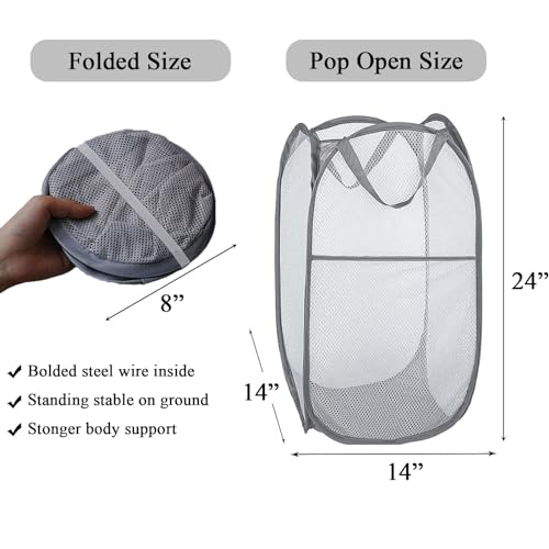 Larpur Pack of 3 Pop up Laundry Hampers, Collapsible Laundry Baskets, Portable Mesh Clothes Hampers for Home Room, College Dorm, Apartment, Foldable Hamper with Carry Handles, Gray - color: 3*Grey