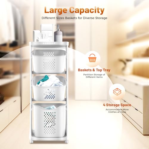TFCFL 3-Tier Laundry Hamper Sorter Laundry Basket with Wheels, Rolling Laundry Hamper Cart with Wheels, Removable Rolling Laundry Baskets, Bathroom Cart for Dirty Clothes