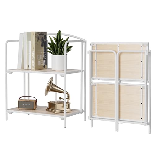Crofy No Assembly Folding Bookshelf for Living Room, 2 Tier White Collapsible Book Shelf for Home Office, Portable Bookcase Storage Organizer - color: White Frame & White Oak Shelf, size: 2 Tier