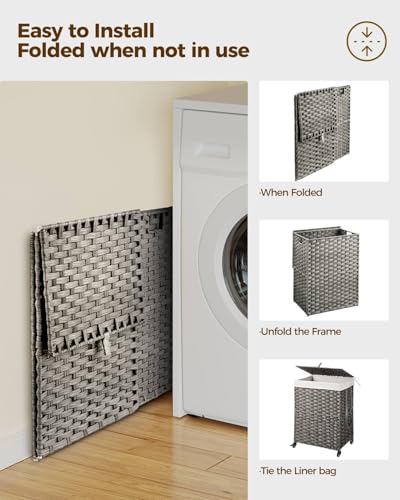 Greenstell Laundry Hamper with Wheels, No Install Needed, 90L Divided Handwoven Hampers & 2 Removable Liner Bags, Rattan Clothes Laundry Basket with Lid & Handles, Foldable Hampers Gray 18x13x26.4 In - color: Gray, size: 90L: 18.3x13.5x26.4 Inches