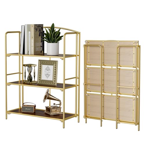 Crofy No Assembly Folding Bookshelf for Living Room, 3 Tier Gold Collapsible Book Shelf for Home Office, Portable Bookcase Storage Organizer - color: Gold Frame & Walnut Shelf, size: 3 Tier Wider