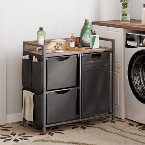 Laundry Sorter with 3 Section, 100L Laundry Hamper with Wheels, Laundry Basket with Small Side Pockets and Pull-Out Removable Liners,for Laundry Room Bedroom Bathroom - size: 100L