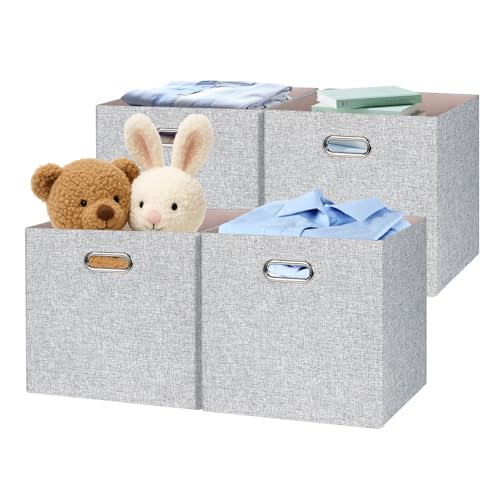 Posprica Collapsible Storage Bins,13×13 Foldable Storage Cube Boxes Fabric Drawer Fabric Storage Bins Vinyl Record Woven Gray, 4 Pack - color: Woven Gray, size: 13×13×13/4pcs