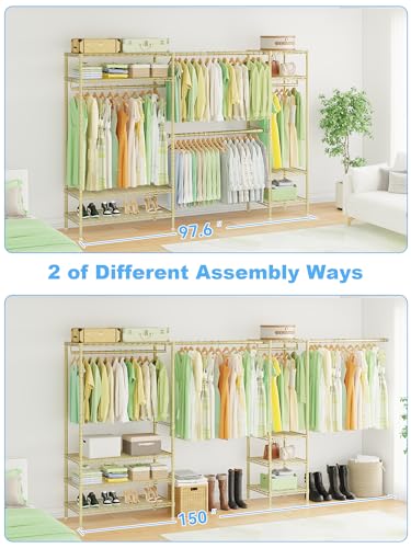 Ulif E11 Heavy-Duty Garment Rack, Metal Freestanding Clothes Rack and Closet Storage Organizer System with 8 Shelves and 4 Hanger Rods, (73.2-97.6)" W x 14.5" D x 71.2" H, Load 1034 LBS, Gold - color: Gold