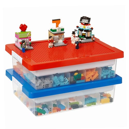 MACOPRO Toys Storage Organizer Box for Lego, Toy Box with Building Plate Lid and Removable Tray, Building Block Storage, Stackable Plastic Organizer Bins (Red+Blue-2Packs) - color: Red+Blue-2Packs