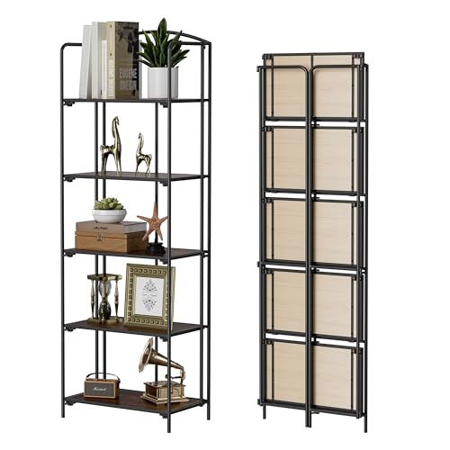 Crofy No Assembly Folding Bookshelf for Living Room, 5 Tier Black Collapsible Book Shelf for Home Office, Portable Bookcase Storage Organizer - color: Black Frame & Walnut Shelf, size: 5 Tier