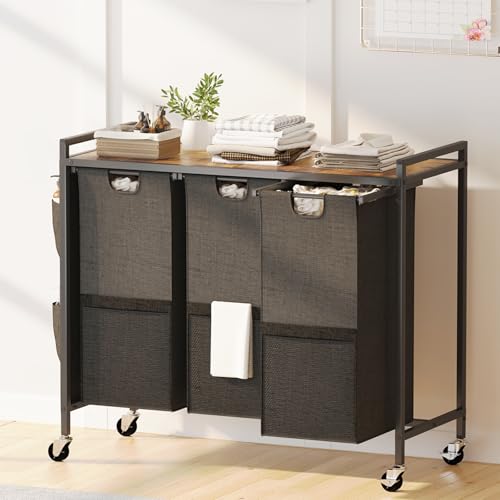 Huhote Laundry Hamper, Laundry Basket, Laundry Sorter with Top Shelf & 3 Removable Washable Bags & Side Pockets for Laundry Room organization, Bathroom and Dorm, Rustic Brown and Black - color: 3 bags-Black