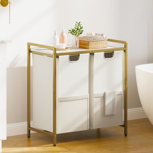Huhote Laundry Hamper, double Laundry Basket, Laundry Sorter with Top Shelf & 2 Removable Washable Bags & Side Pockets for Laundry Room organization, Bathroom and Dorm, Gold and White - color: 2 bags-Gold