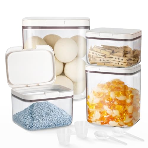 LivLab Mker 4 Pack Laundry Detergent Dispenser with One-Press Lid, Clear PET Powder container with Measuring Cup, Pods container set of 4 - color: 2.2l-w