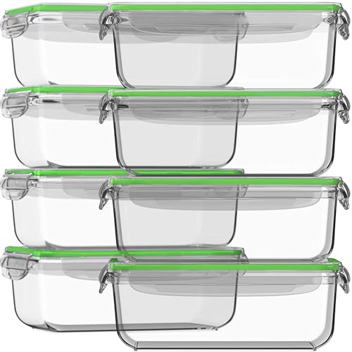 Razab 16 Pc (Set of 8) 30 Oz Glass Meal Prep Containers with Lids, Airtight Large Glass Food Storage Containers, Reusable Leak Proof BPA Free, Freezer to Oven and Dishwasher Safe - color: Green
