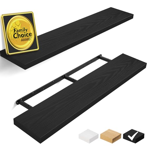 BAYKA Floating Shelves, 48 inches Long Heavy Duty Wall Mounted Rustic Wood Shelves for Bathroom, Bedroom, Living Room, Kitchen, Office, Hanging Shelf for Books/Storage/Decor(Black,Set of 2) - color: A. Black - Universal Classic Style, size: 48inches