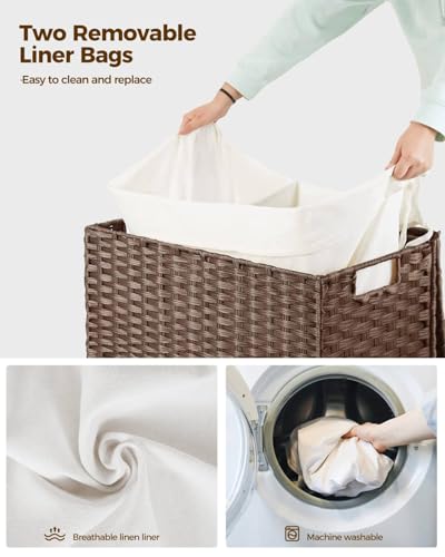 Greenstell Laundry Hamper with Wheels, No Install Needed, 110L Divided Handwoven Hampers & 2 Removable Liner Bags, Rattan Clothes Laundry Basket with Lid & Handles, Foldable Hampers Brown 22x13x26.4In - color: Brown, size: 110L: 22.0x13.5x26.4 Inches
