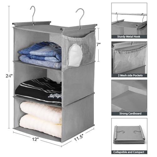 MAX Houser 3 Tier Shelf Hanging Closet Organizer, Closet Hanging Shelf with 2 Sturdy Hooks for Storage, 2 Pack, Foldable (Grey) - color: Grey2