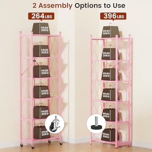 ALANNG 73.6 Inch Folding Bookshelf, 6 Tier Metal Bookcase and Bookshelves, Tall Shelves for Living Room Office Bedroom, Heavy Duty Book Shelve Free Standing Open (Pink, 1PACK) - color: Pink