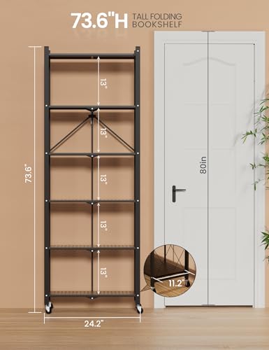 ALANNG 73.6 Inch Folding Bookshelf, 6 Tier Metal Bookcase and Bookshelves, Tall Shelves for Living Room Office Bedroom, Heavy Duty Book Shelve Free Standing Open (Black, 1PACK) - color: Black