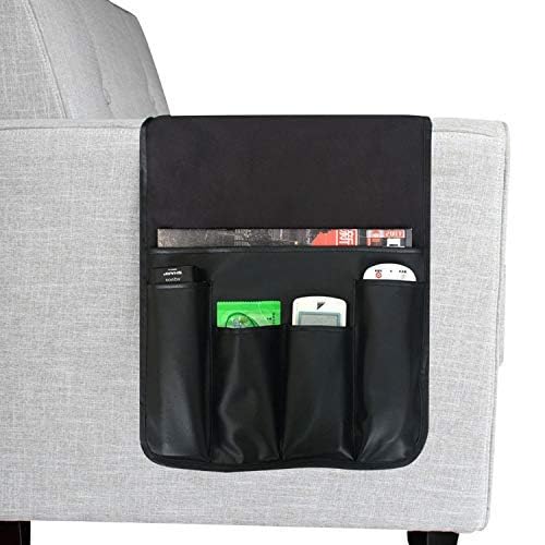 IPENNY No-slip Leather Sofa Couch Remote Control Holder Chair Armrest Caddy Pocket Organizer Storage Bag for Cellphone Tablet Notepad Book Magazines DVD Eyewears Drinker Snacks Holder Pouch - color: Black (Leather + Suede fabric)
