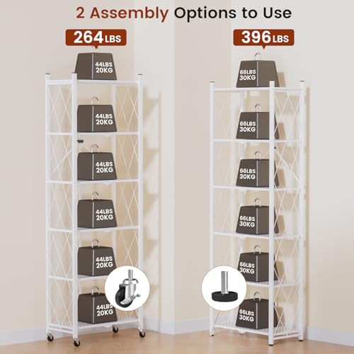 ALANNG 73.6 Inch Folding Bookshelf, 6 Tier Metal Bookcase and Bookshelves, Tall Shelves for Living Room Office Bedroom, Heavy Duty Book Shelve Free Standing Open (White, 1PACK) - color: White