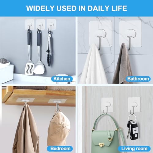 JINSHUNFA Adhesive Wall Hooks 13LB Heavy Duty No Drill Large Transparent Waterproof Hooks for Bathroom Kitchen Towel Coat 8 Pack - size: 8 Large hooks