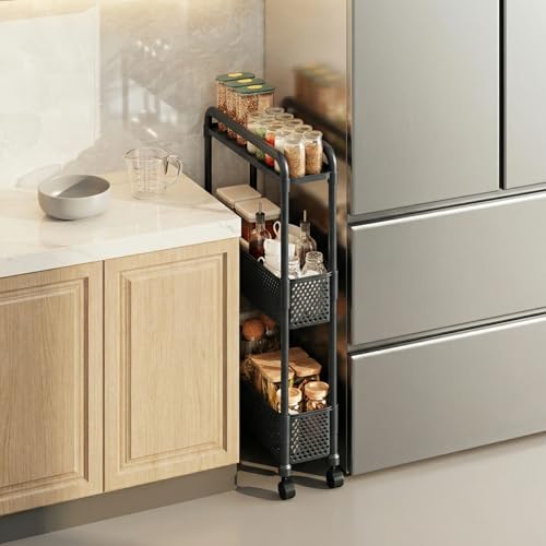 Slim Storage Cart, Plastic Kitchen Gap Storage, Multi-Layer Organizer with 360° Swivel Wheels for Kitchen Bathroom (Black,3 Tier) - color: Black, size: 3 Tier