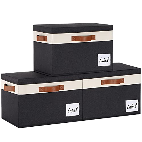 Large Storage Bins with Lids, Foldable Fabric Storage Baskets with Lids, Sturdy Storage Boxes with Labels and 3 PU Handles for Closet Home Bedroom Office (3 Packs, Black&White) - color: Black with White, size: Large-3pcs