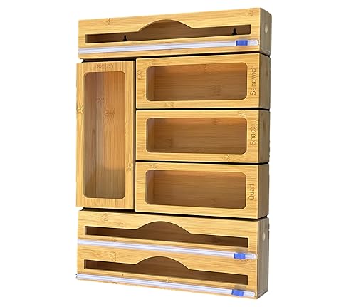 Incredinest Bamboo Drawer Organizer Bag Holder – Modular Design Zip Lock Bag Organizer Plastic Wrap Dispenser with Cutter – Baggie Organizer for Drawer with Single and Double Wrap Dispenser - color: Natural